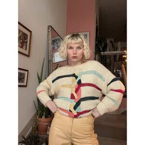Vtg UNO & UNA Knit Sweater Sz L Colorful Cable Twist 80s 90s Indie Hipster Retro